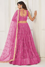 Pink Net Lehenga Choli For Indian & Pakistani Wedding Festival - Thread Embroidery Work, Sequence Embroidery Work, Real Mirror Work