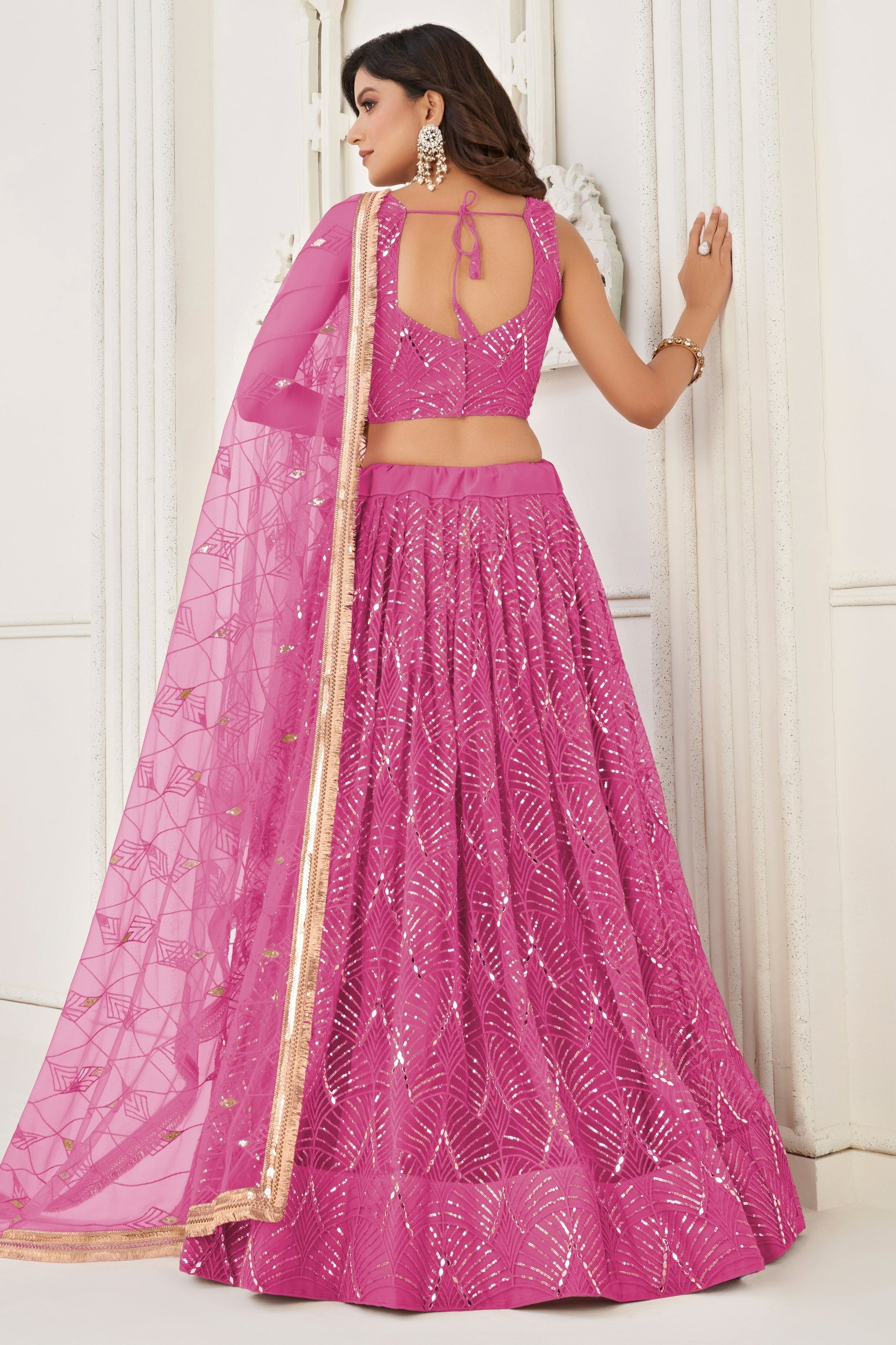 Pink Net Lehenga Choli For Indian & Pakistani Wedding Festival - Thread Embroidery Work, Sequence Embroidery Work, Real Mirror Work