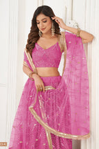 Pink Net Lehenga Choli For Indian & Pakistani Wedding Festival - Thread Embroidery Work, Sequence Embroidery Work, Real Mirror Work