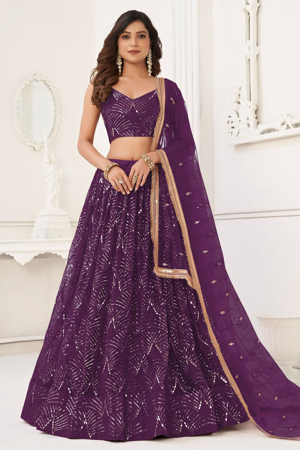 Purple Net Lehenga Choli For Indian & Pakistani Wedding Festival - Thread Embroidery Work, Sequence Embroidery Work, Real Mirror Work
