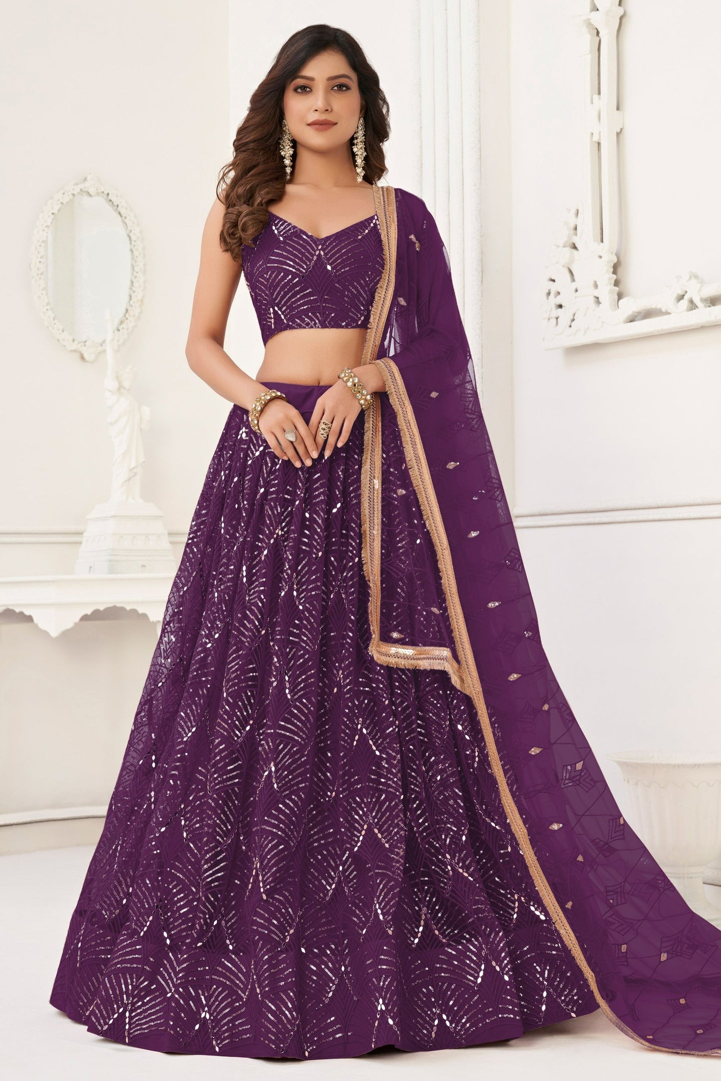 Purple Net Lehenga Choli For Indian & Pakistani Wedding Festival - Thread Embroidery Work, Sequence Embroidery Work, Real Mirror Work