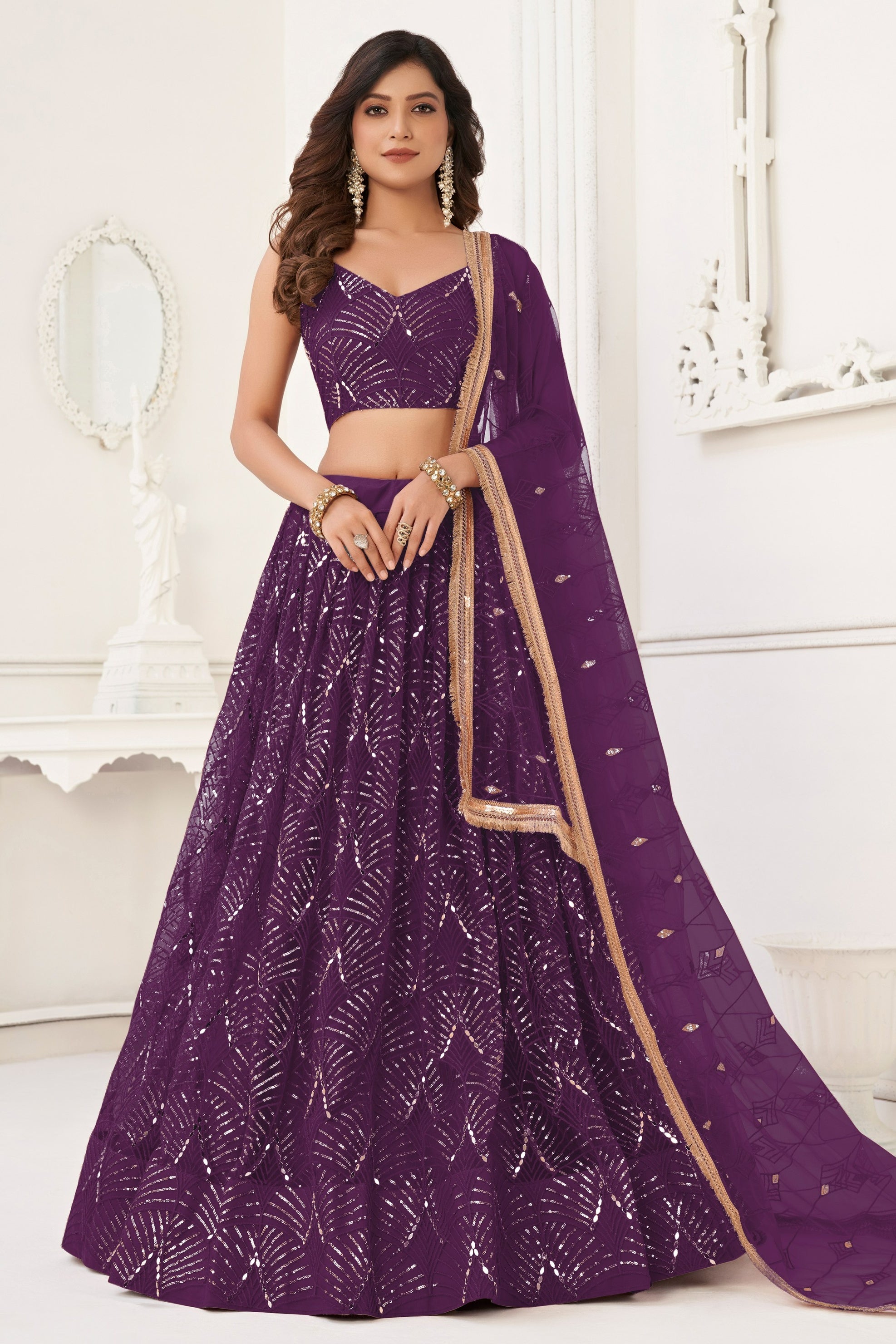 Purple Net Lehenga Choli For Indian & Pakistani Wedding Festival - Thread Embroidery Work, Sequence Embroidery Work, Real Mirror Work