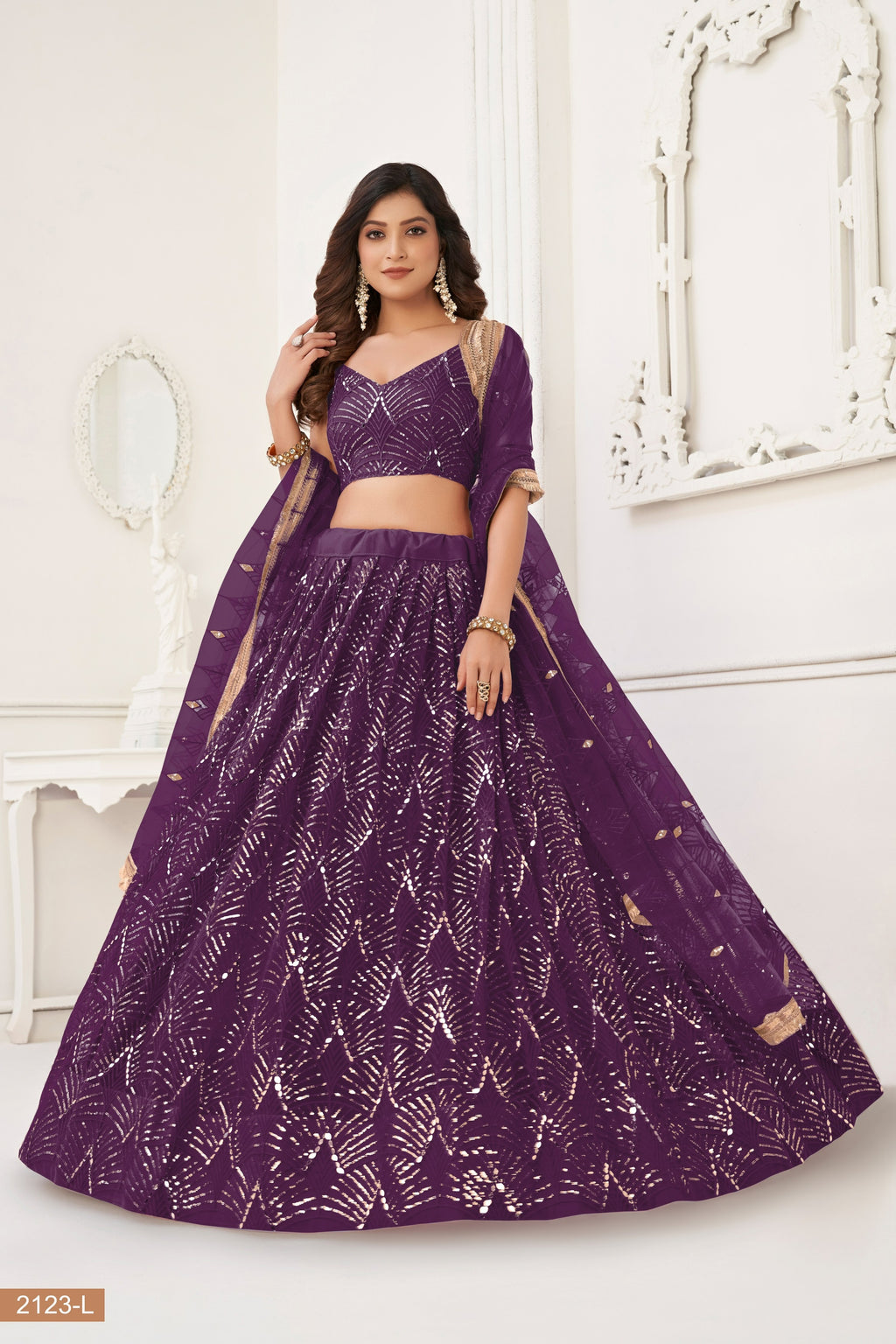 Purple Net Lehenga Choli For Indian & Pakistani Wedding Festival - Thread Embroidery Work, Sequence Embroidery Work, Real Mirror Work