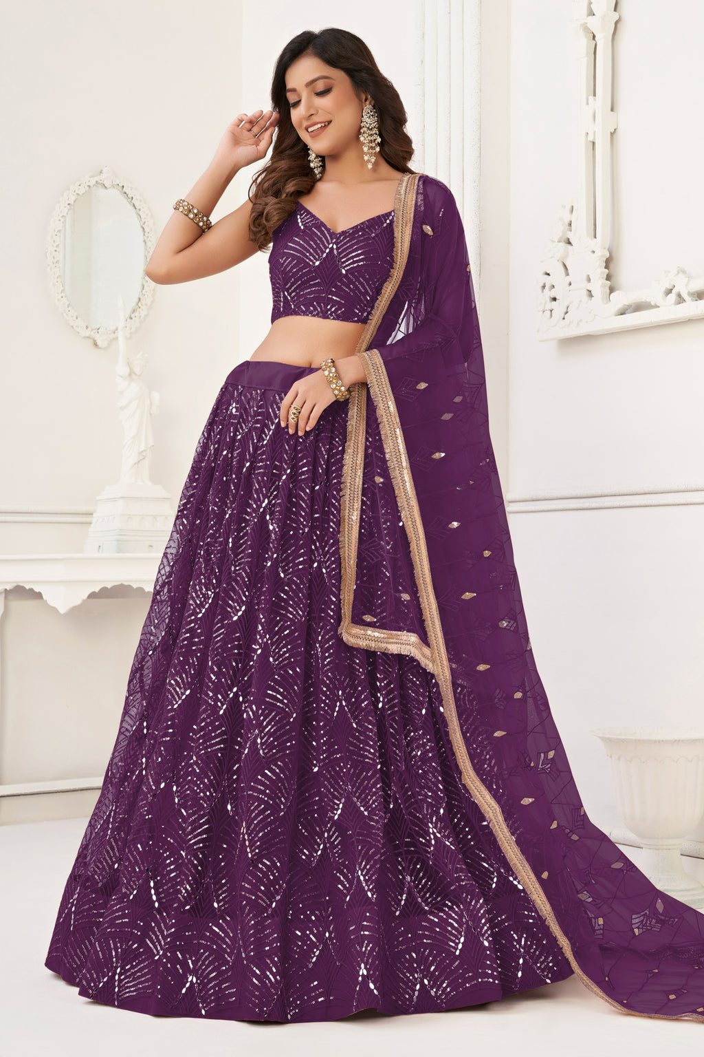 Purple Net Lehenga Choli For Indian & Pakistani Wedding Festival - Thread Embroidery Work, Sequence Embroidery Work, Real Mirror Work