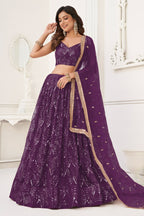 Purple Net Lehenga Choli For Indian & Pakistani Wedding Festival - Thread Embroidery Work, Sequence Embroidery Work, Real Mirror Work