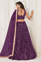 Purple Net Lehenga Choli For Indian & Pakistani Wedding Festival - Thread Embroidery Work, Sequence Embroidery Work, Real Mirror Work