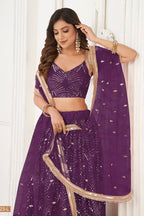 Purple Net Lehenga Choli For Indian & Pakistani Wedding Festival - Thread Embroidery Work, Sequence Embroidery Work, Real Mirror Work