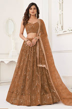 Brown Net Lehenga Choli For Indian & Pakistani Wedding Festival - Thread Embroidery Work, Sequence Embroidery Work, Real Mirror Work