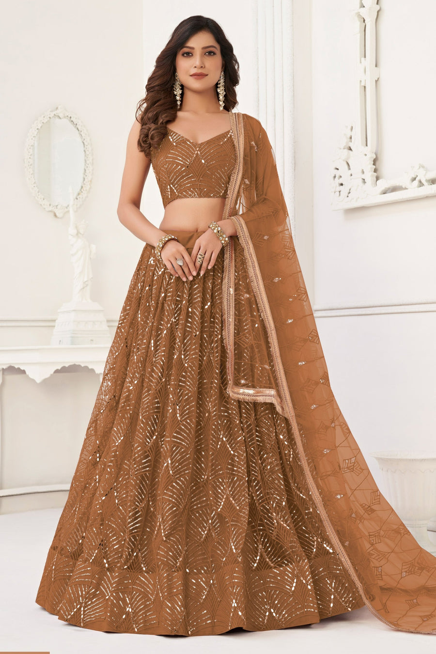 Brown Net Lehenga Choli For Indian & Pakistani Wedding Festival - Thread Embroidery Work, Sequence Embroidery Work, Real Mirror Work