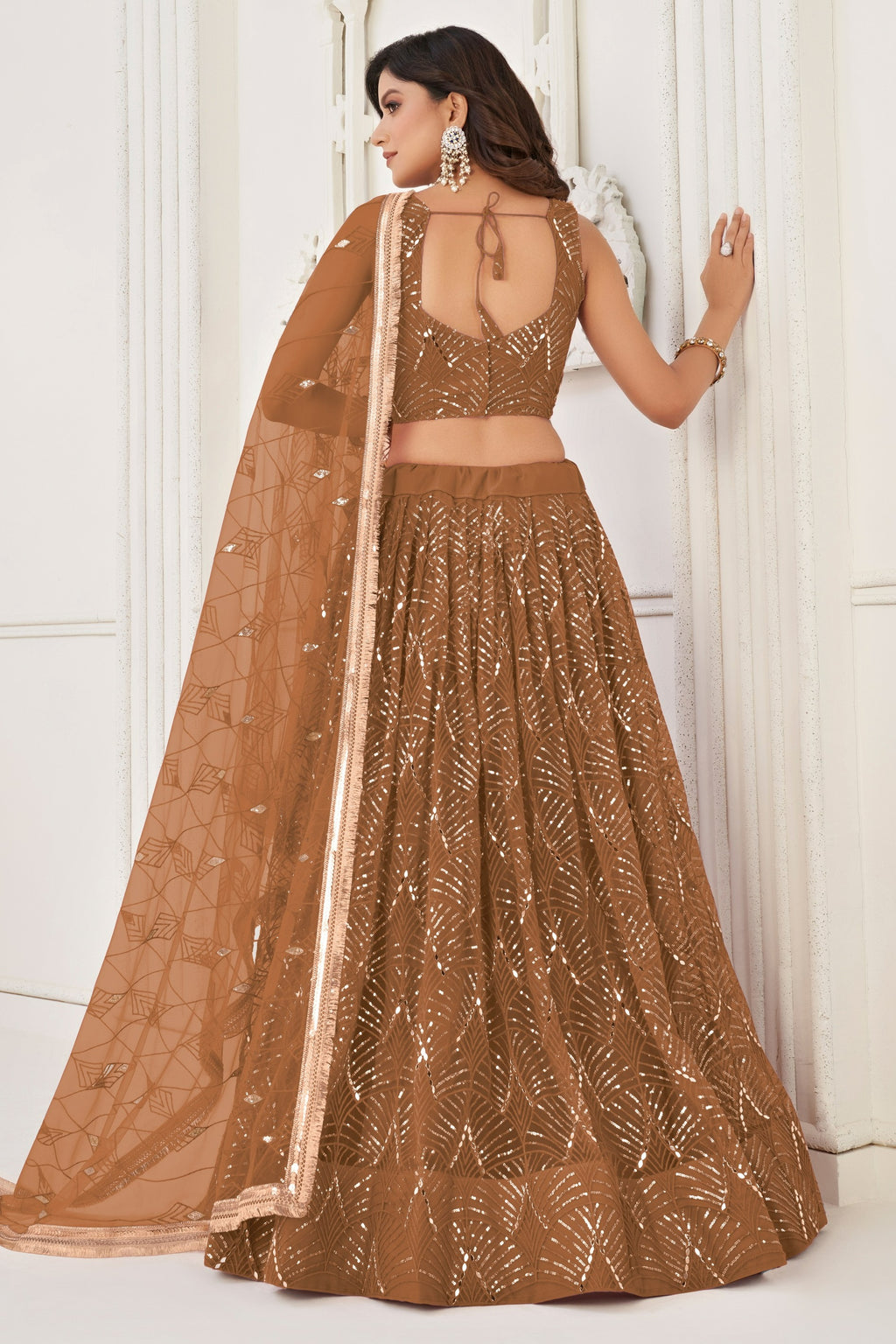 Brown Net Lehenga Choli For Indian & Pakistani Wedding Festival - Thread Embroidery Work, Sequence Embroidery Work, Real Mirror Work