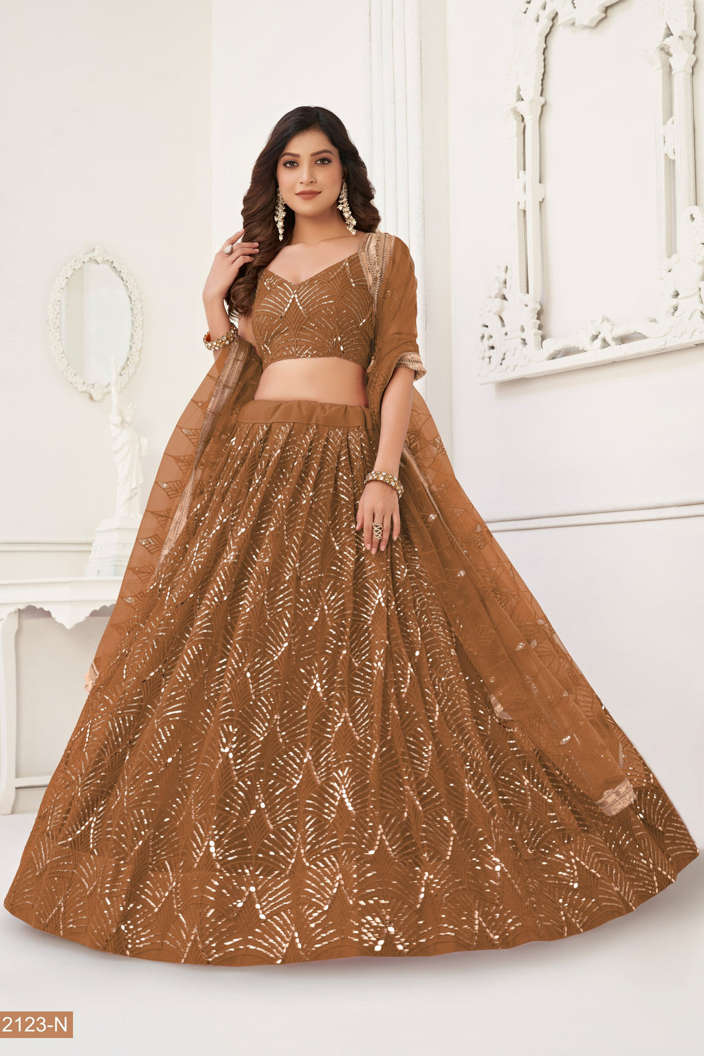 Brown Net Lehenga Choli For Indian & Pakistani Wedding Festival - Thread Embroidery Work, Sequence Embroidery Work, Real Mirror Work