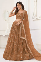 Brown Net Lehenga Choli For Indian & Pakistani Wedding Festival - Thread Embroidery Work, Sequence Embroidery Work, Real Mirror Work