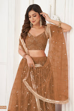 Brown Net Lehenga Choli For Indian & Pakistani Wedding Festival - Thread Embroidery Work, Sequence Embroidery Work, Real Mirror Work