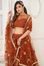 Rust Net Lehenga Choli For Indian & Pakistani Wedding Festival - Thread Embroidery Work, Foil Mirror Work