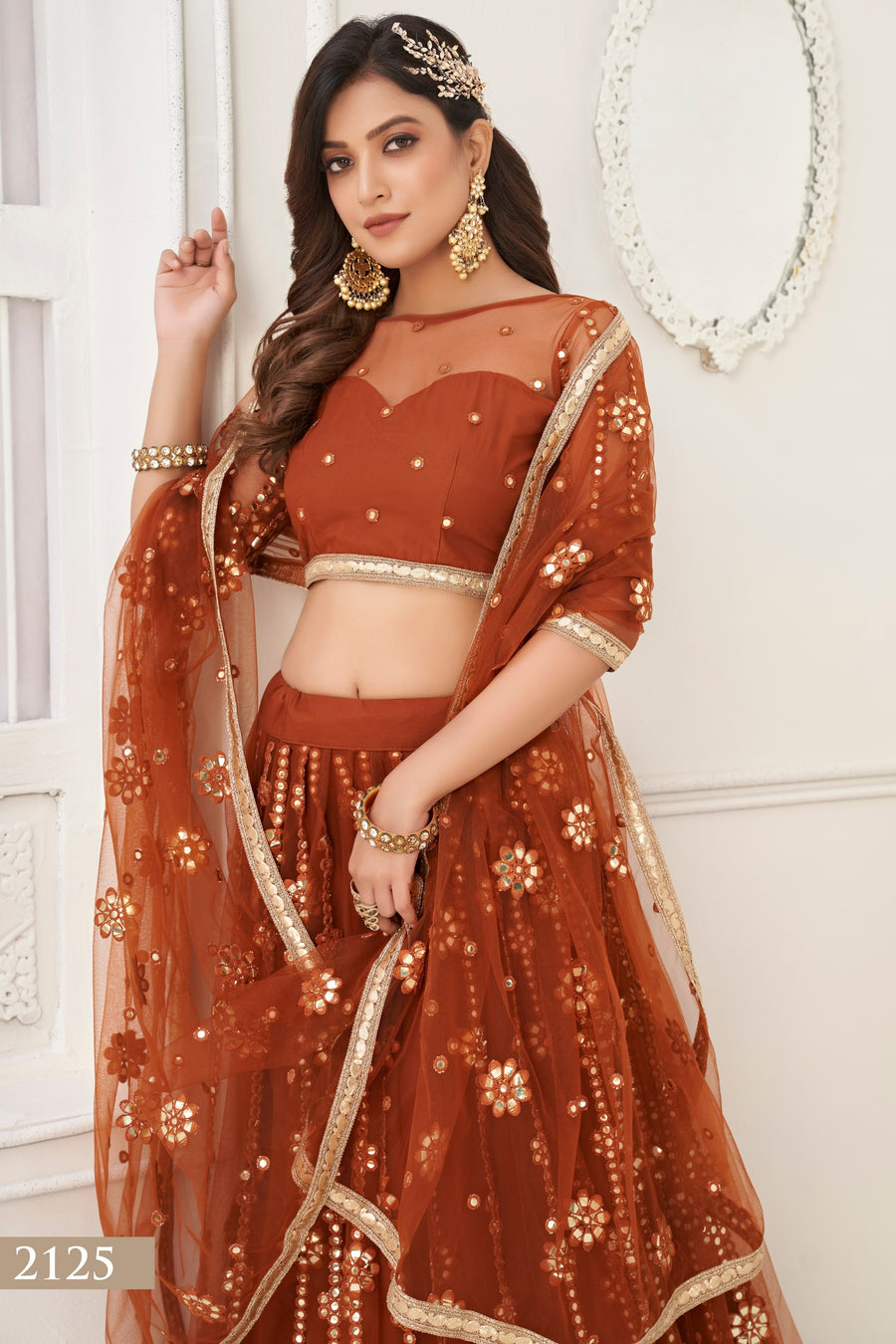 Rust Net Lehenga Choli For Indian & Pakistani Wedding Festival - Thread Embroidery Work, Foil Mirror Work