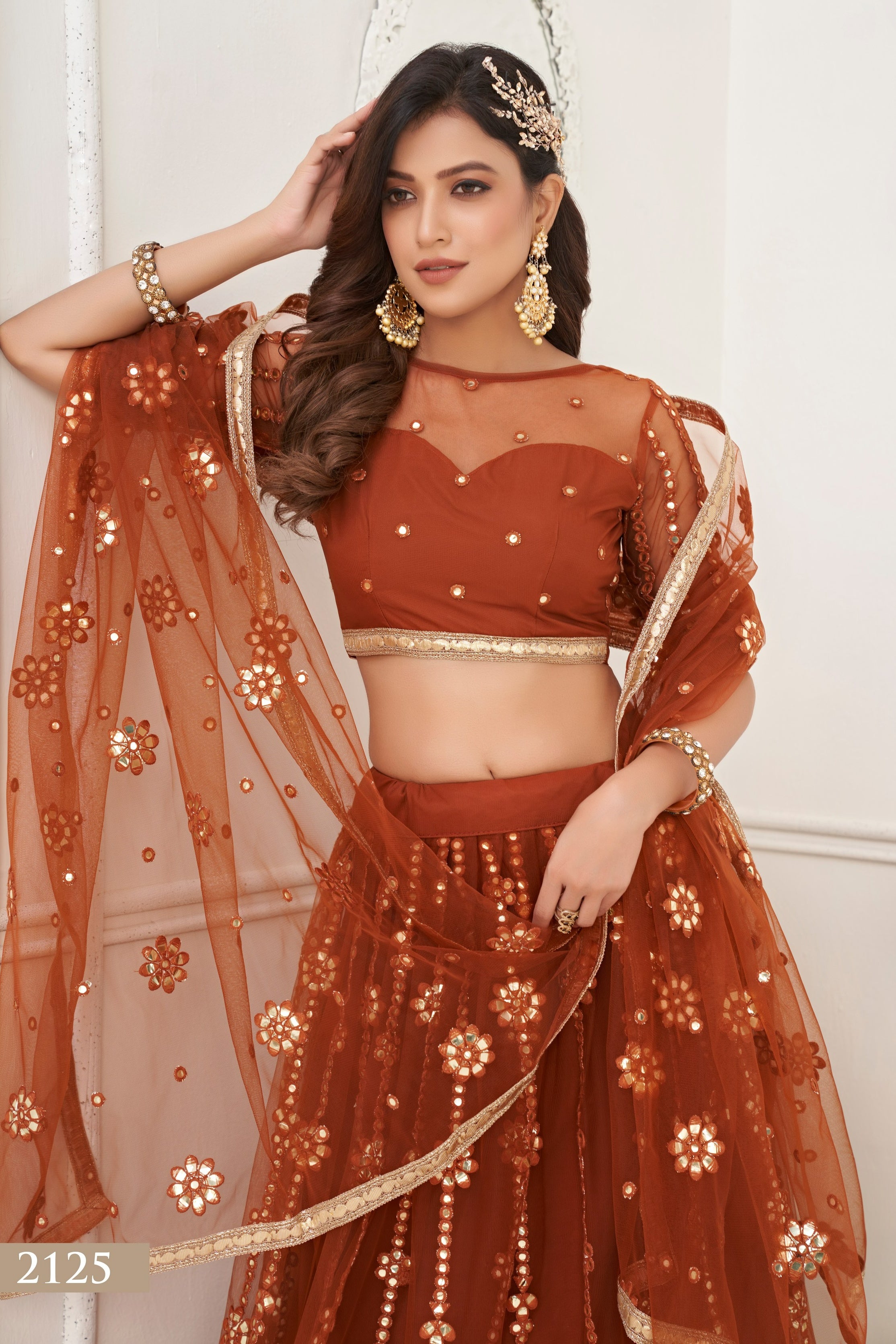 Rust Net Lehenga Choli For Indian & Pakistani Wedding Festival - Thread Embroidery Work, Foil Mirror Work