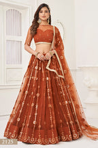 Rust Net Lehenga Choli For Indian & Pakistani Wedding Festival - Thread Embroidery Work, Foil Mirror Work