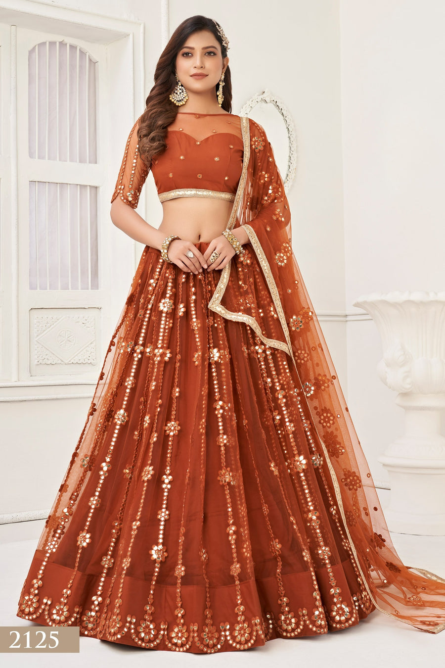 Rust Net Lehenga Choli For Indian & Pakistani Wedding Festival - Thread Embroidery Work, Foil Mirror Work