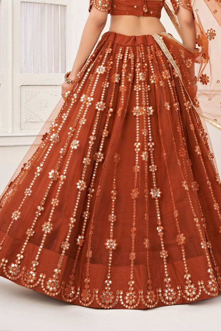 Rust Net Lehenga Choli For Indian & Pakistani Wedding Festival - Thread Embroidery Work, Foil Mirror Work