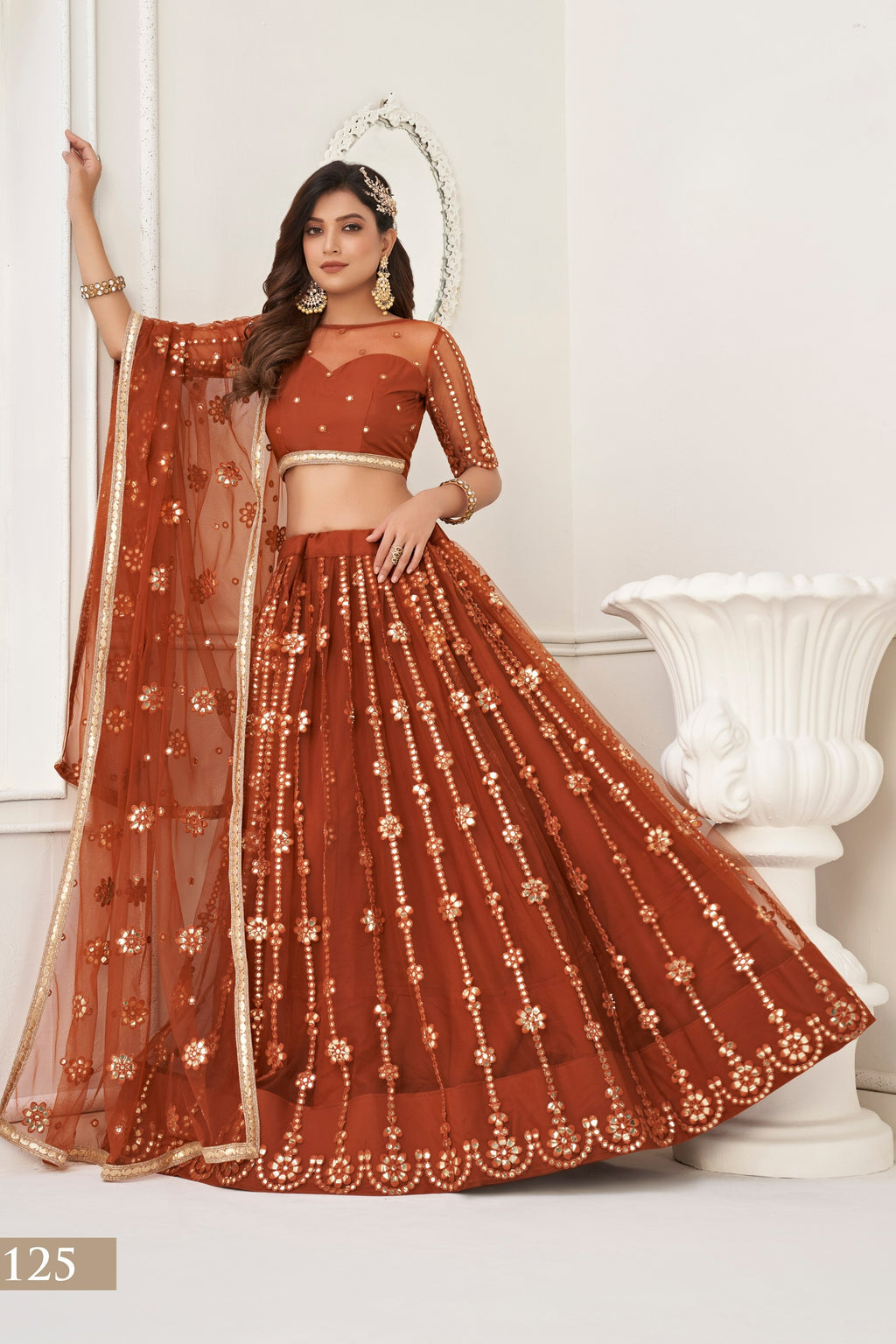 Rust Net Lehenga Choli For Indian & Pakistani Wedding Festival - Thread Embroidery Work, Foil Mirror Work