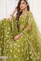 Olive Green Net Lehenga Choli For Indian & Pakistani Wedding Festival - Thread Embroidery Work, Sequence Embroidery Work