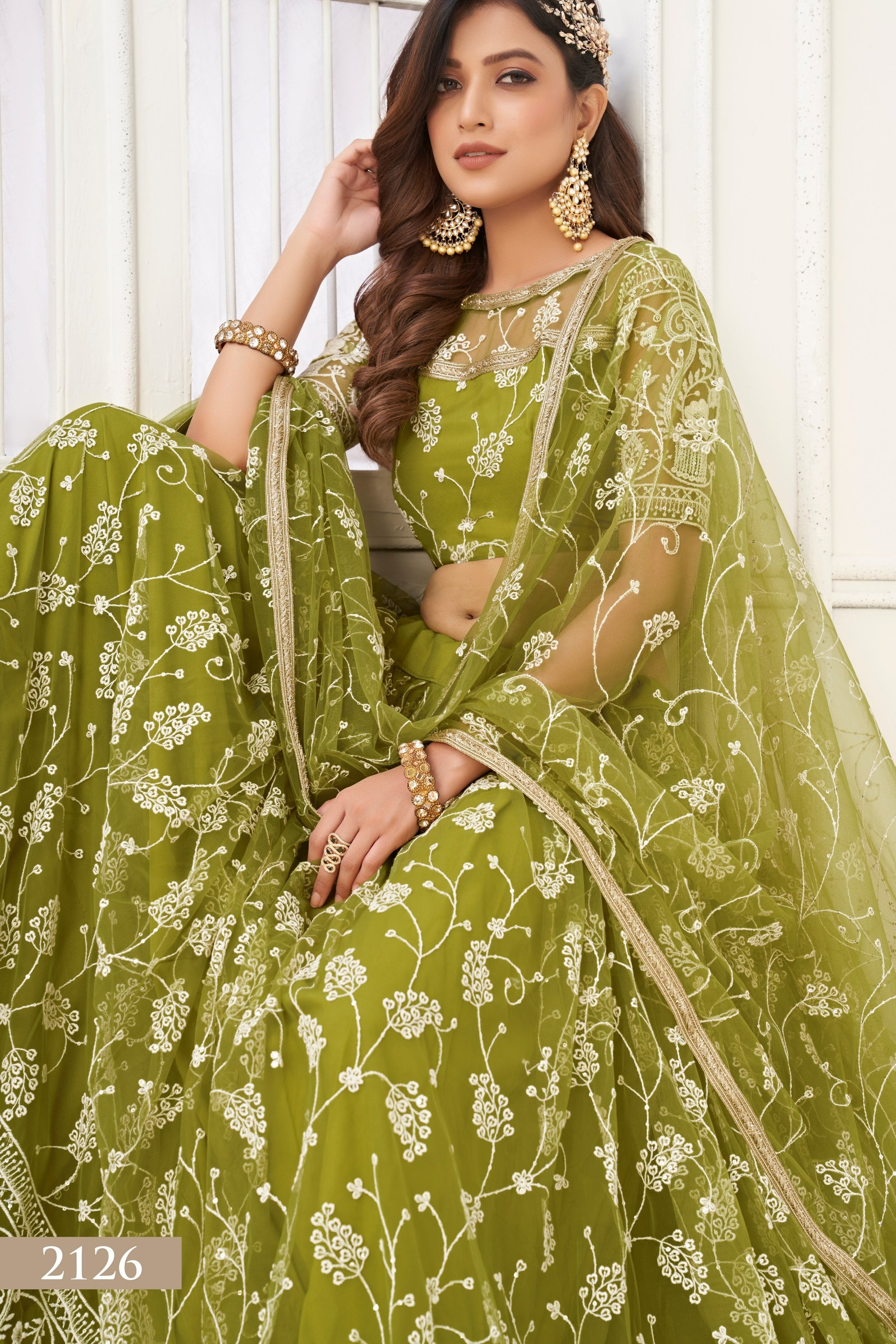 Olive Green Net Lehenga Choli For Indian & Pakistani Wedding Festival - Thread Embroidery Work, Sequence Embroidery Work