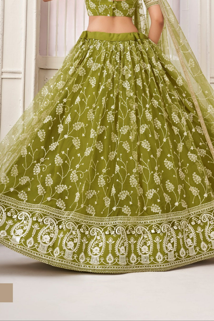 Olive Green Net Lehenga Choli For Indian & Pakistani Wedding Festival - Thread Embroidery Work, Sequence Embroidery Work
