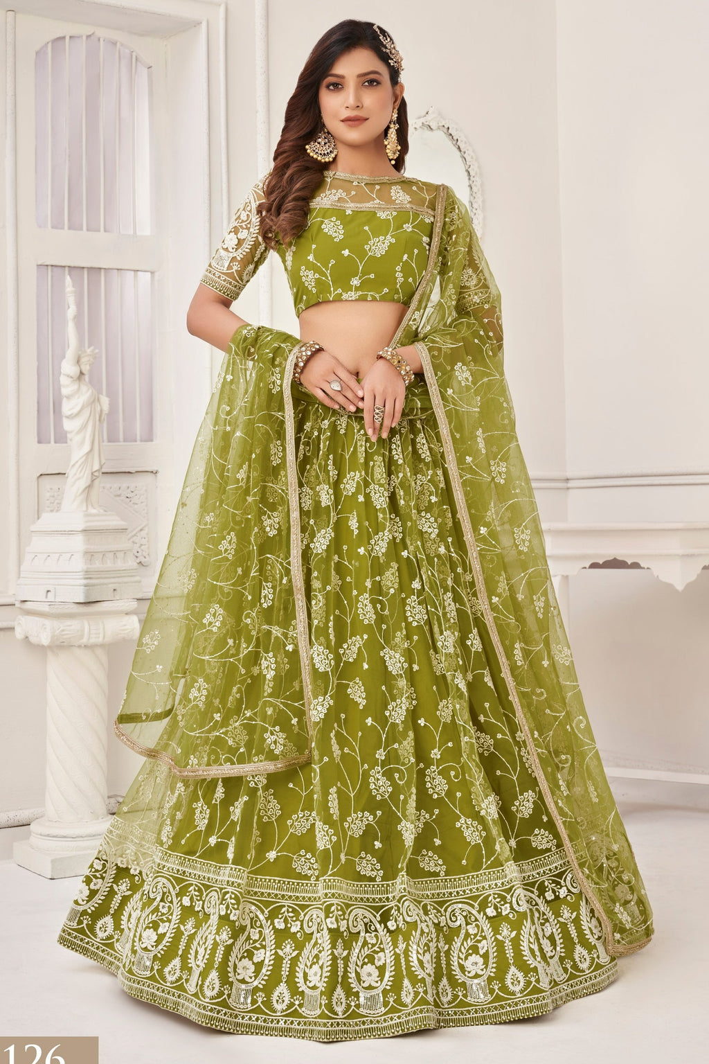 Olive Green Net Lehenga Choli For Indian & Pakistani Wedding Festival - Thread Embroidery Work, Sequence Embroidery Work