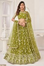 Olive Green Net Lehenga Choli For Indian & Pakistani Wedding Festival - Thread Embroidery Work, Sequence Embroidery Work