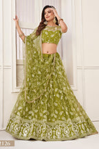 Olive Green Net Lehenga Choli For Indian & Pakistani Wedding Festival - Thread Embroidery Work, Sequence Embroidery Work
