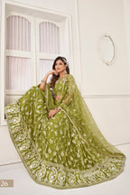 Olive Green Net Lehenga Choli For Indian & Pakistani Wedding Festival - Thread Embroidery Work, Sequence Embroidery Work