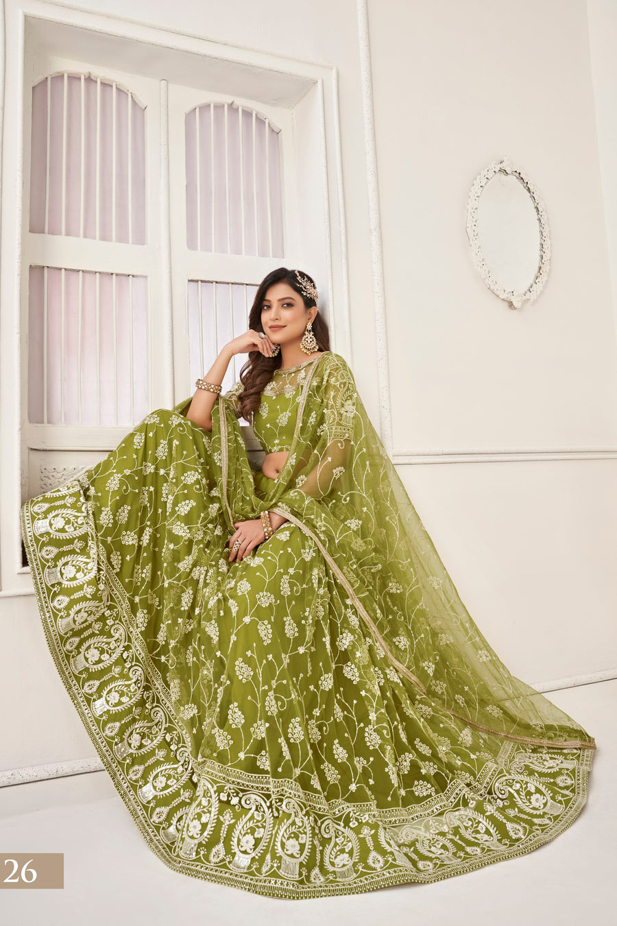 Olive Green Net Lehenga Choli For Indian & Pakistani Wedding Festival - Thread Embroidery Work, Sequence Embroidery Work