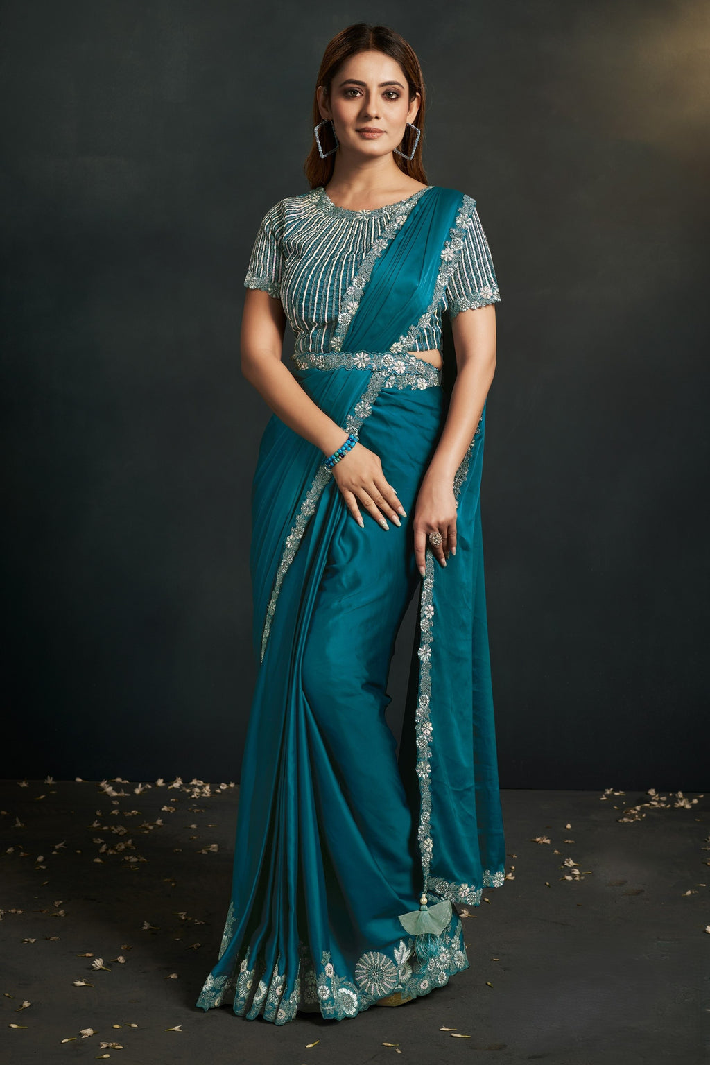 Teal Crepe Satin Silk Partywear Saree With Stitched Blouse & Detachable Jacket For Indian & Pakistani Wedding Festival - Sequence Embroidery Work, Thread Embroidery Work, Stone Work