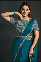 Teal Crepe Satin Silk Partywear Saree With Stitched Blouse & Detachable Jacket For Indian & Pakistani Wedding Festival - Sequence Embroidery Work, Thread Embroidery Work, Stone Work