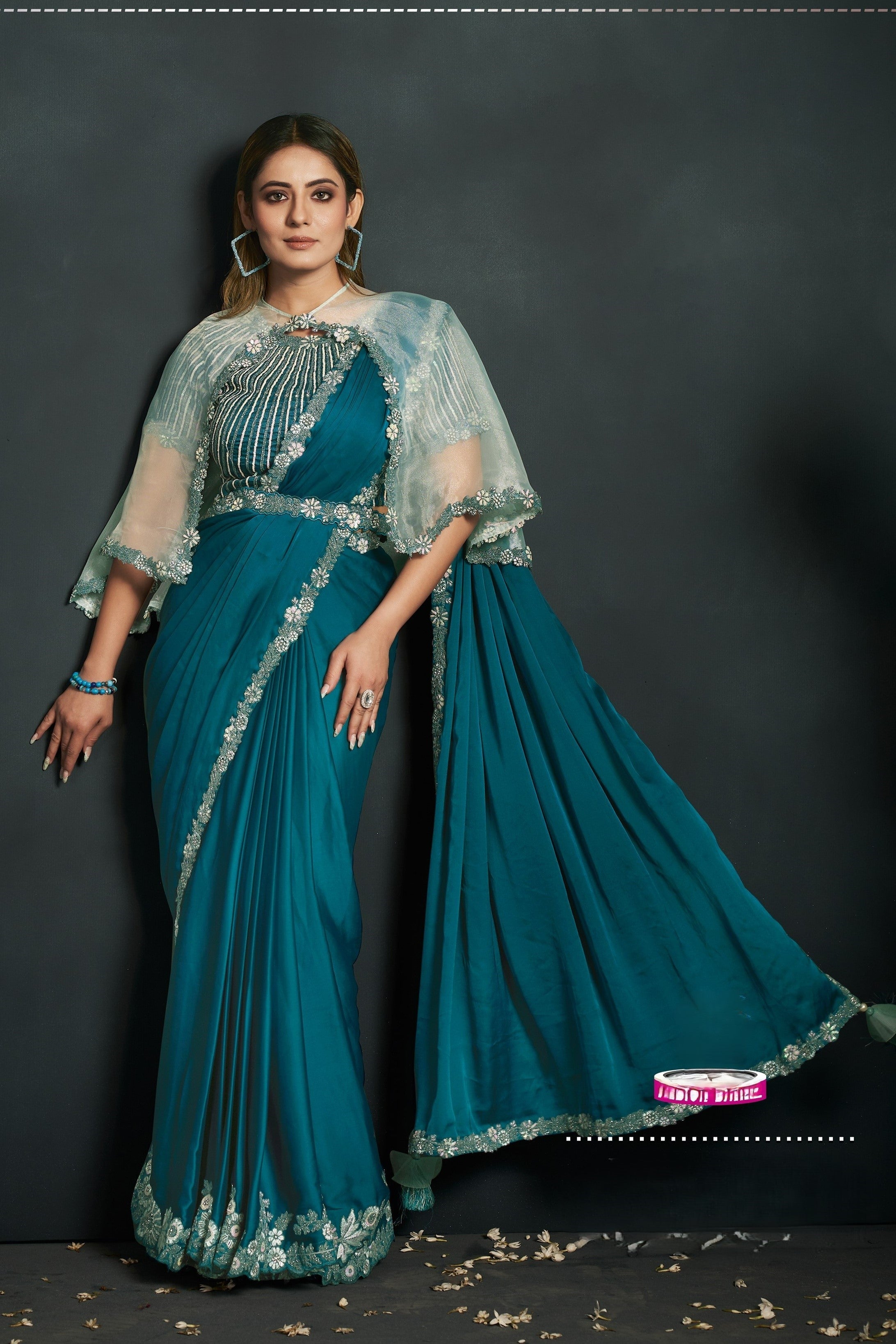 Teal Crepe Satin Silk Partywear Saree With Stitched Blouse & Detachable Jacket For Indian & Pakistani Wedding Festival - Sequence Embroidery Work, Thread Embroidery Work, Stone Work
