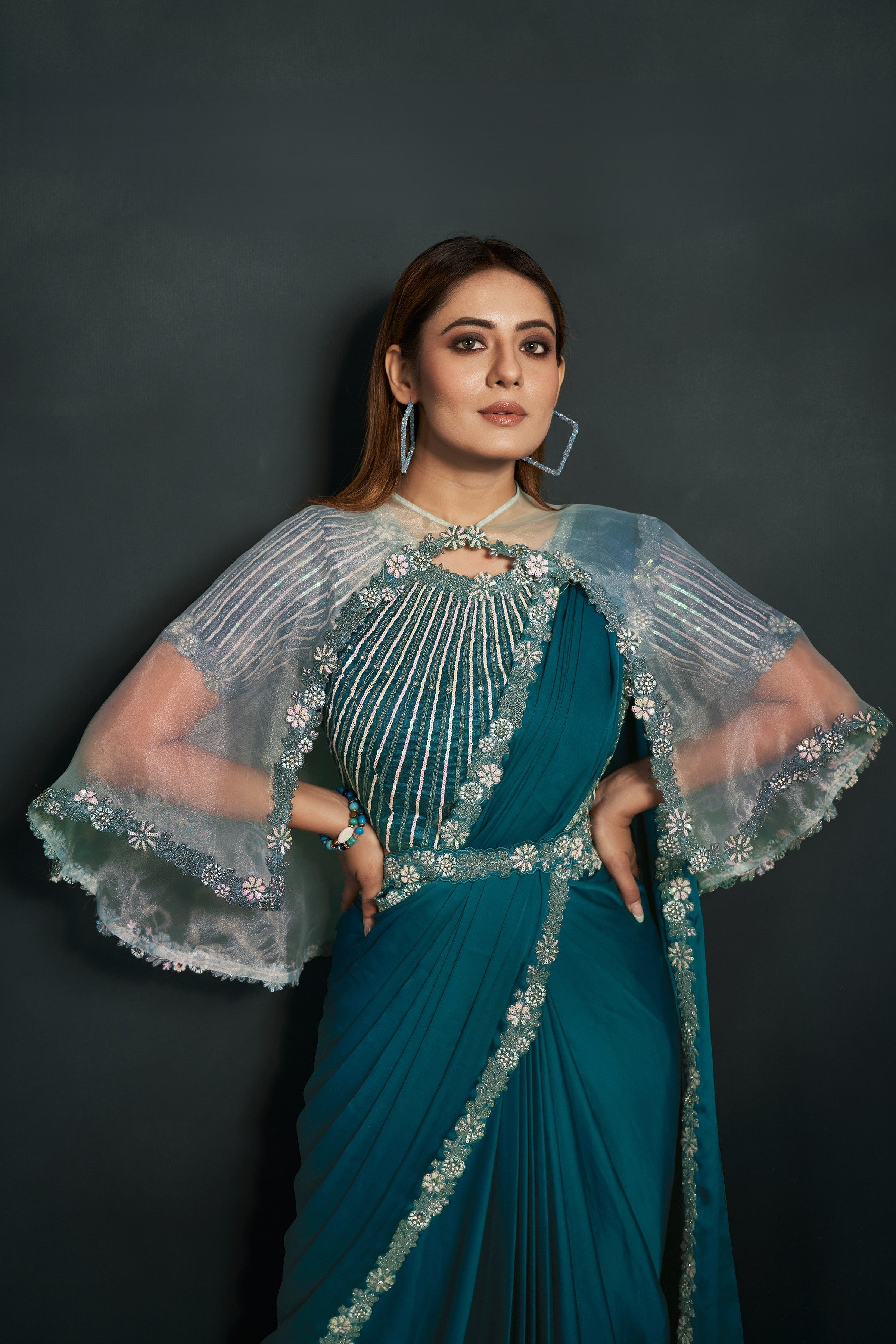 Teal Crepe Satin Silk Partywear Saree With Stitched Blouse & Detachable Jacket For Indian & Pakistani Wedding Festival - Sequence Embroidery Work, Thread Embroidery Work, Stone Work