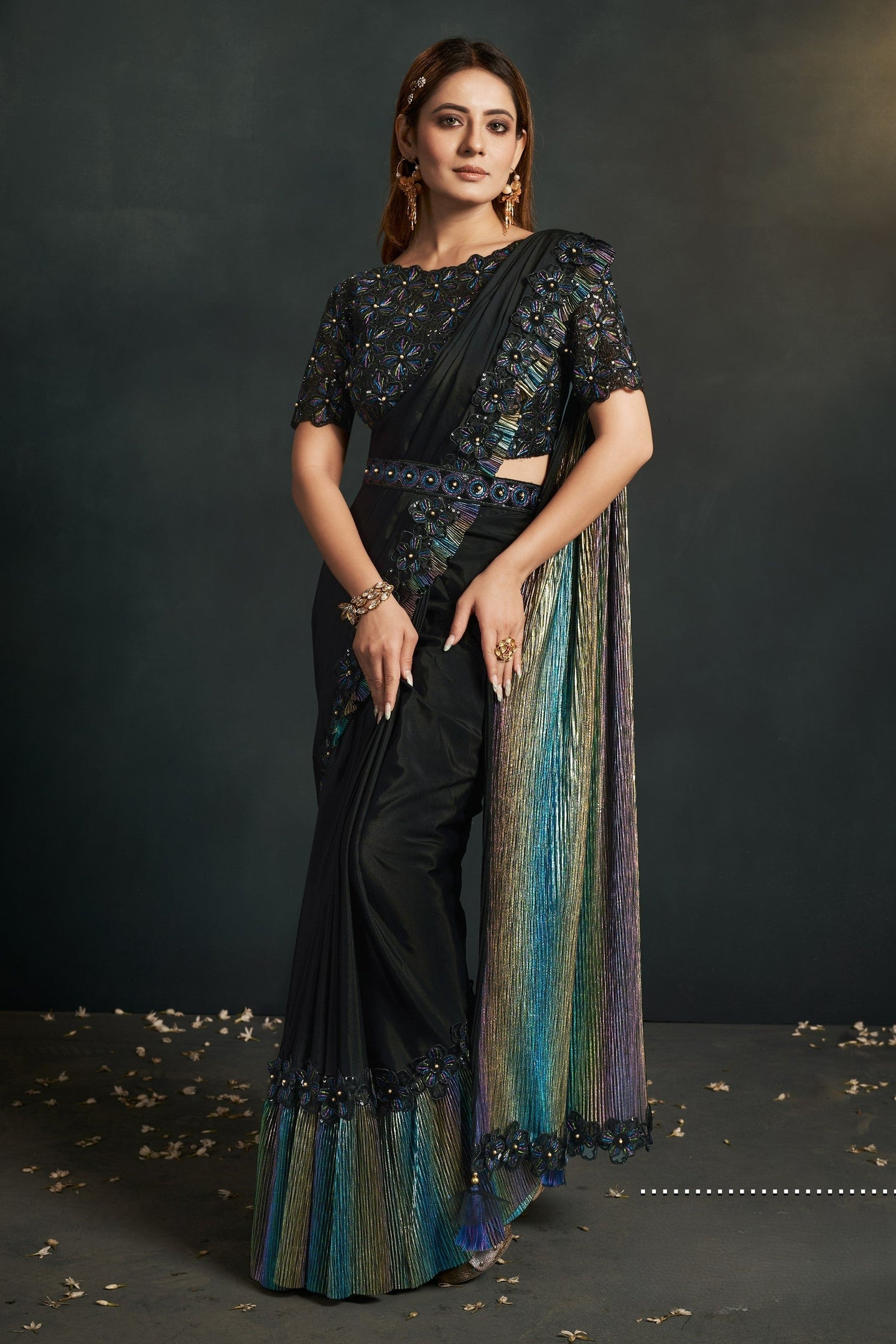 Black Crepe Georgette Silk Partywear Saree With Stitched Blouse For Indian & Pakistani Wedding Festival - Sequence Embroidery Work, Thread Embroidery Work, Stone Work