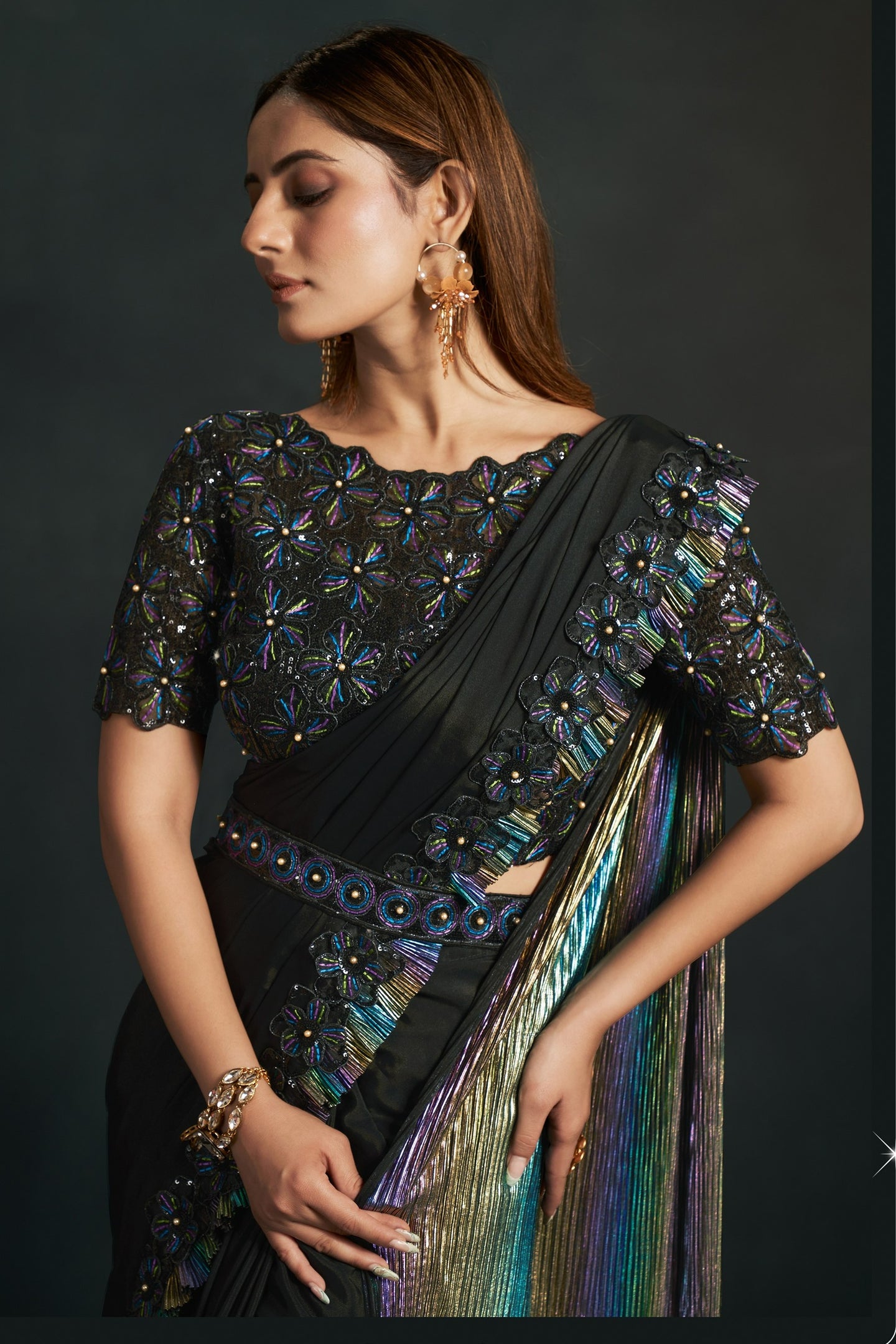 Black Crepe Georgette Silk Partywear Saree With Stitched Blouse For Indian & Pakistani Wedding Festival - Sequence Embroidery Work, Thread Embroidery Work, Stone Work