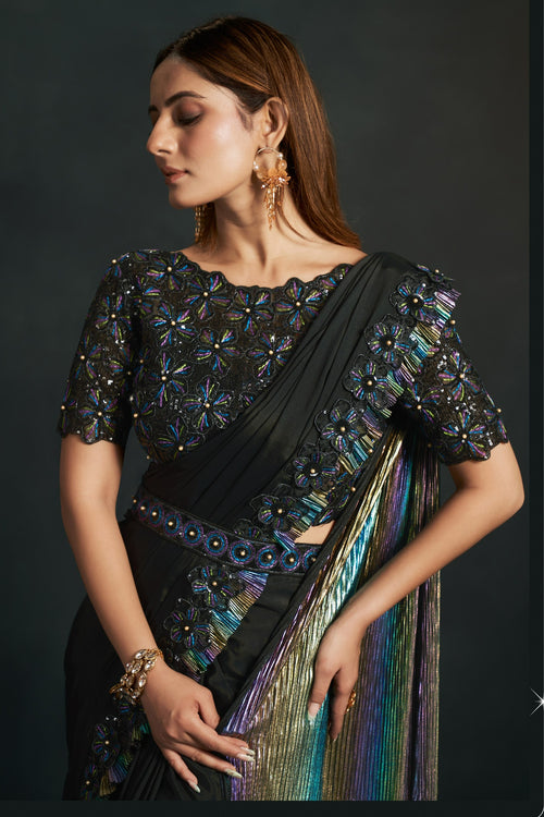 Black Crepe Georgette Silk Partywear Saree With Stitched Blouse For Indian & Pakistani Wedding Festival - Sequence Embroidery Work, Thread Embroidery Work, Stone Work