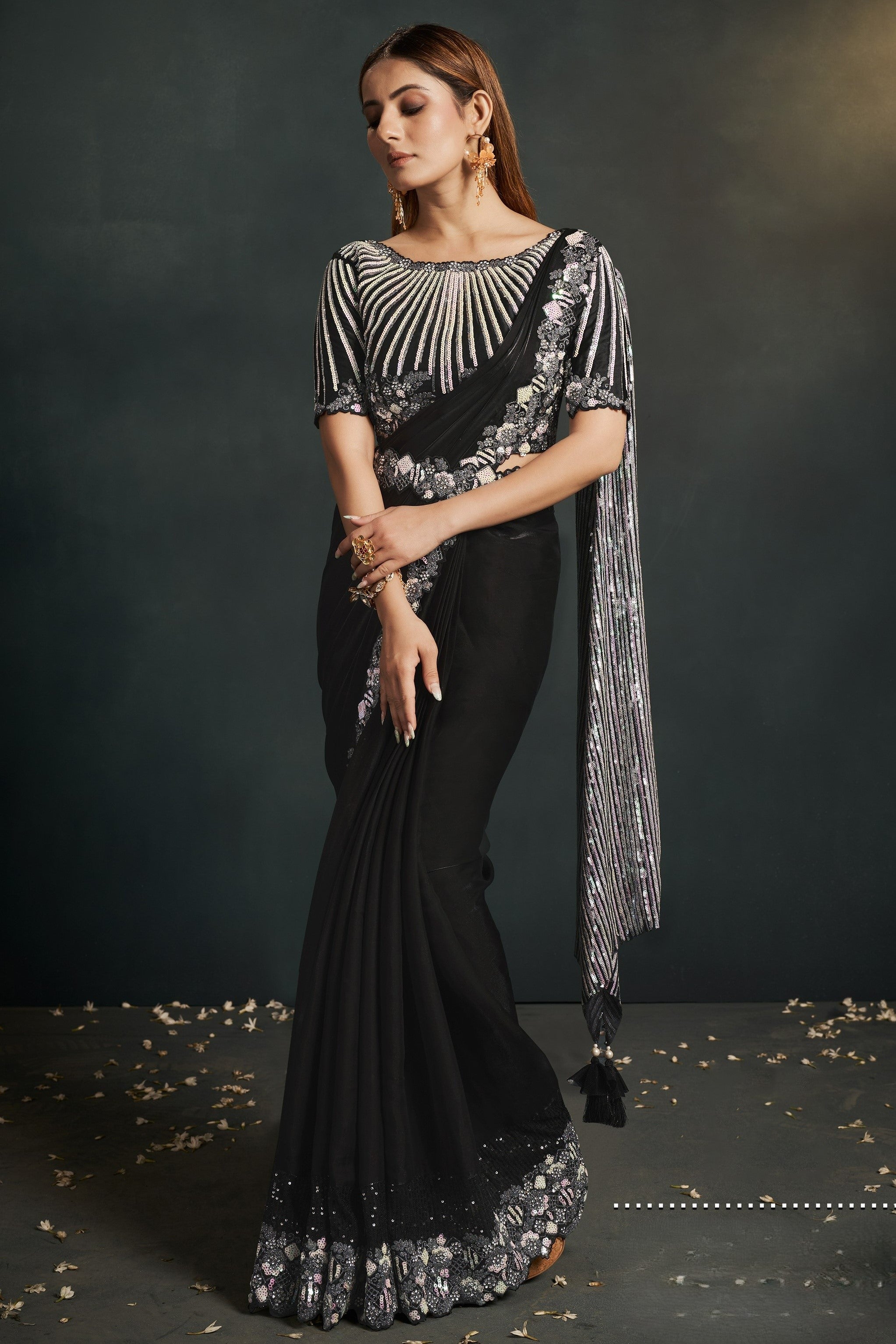 Black Crepe Satin Silk Partywear Saree With Stitched Blouse For Indian & Pakistani Wedding Festival - Sequence Embroidery Work, Thread Embroidery Work, Stone Work