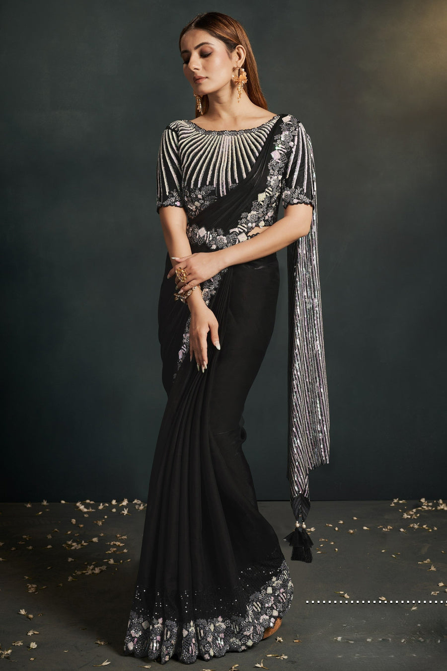 Black Crepe Satin Silk Partywear Saree With Stitched Blouse For Indian & Pakistani Wedding Festival - Sequence Embroidery Work, Thread Embroidery Work, Stone Work