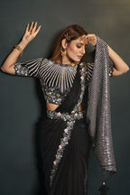 Black Crepe Satin Silk Partywear Saree With Stitched Blouse For Indian & Pakistani Wedding Festival - Sequence Embroidery Work, Thread Embroidery Work, Stone Work
