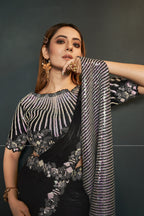Black Crepe Satin Silk Partywear Saree With Stitched Blouse For Indian & Pakistani Wedding Festival - Sequence Embroidery Work, Thread Embroidery Work, Stone Work