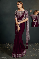 Maroon Crepe Satin Silk Partywear Saree With Stitched Blouse For Indian & Pakistani Wedding Festival - Sequence Embroidery Work, Thread Embroidery Work, Stone Work