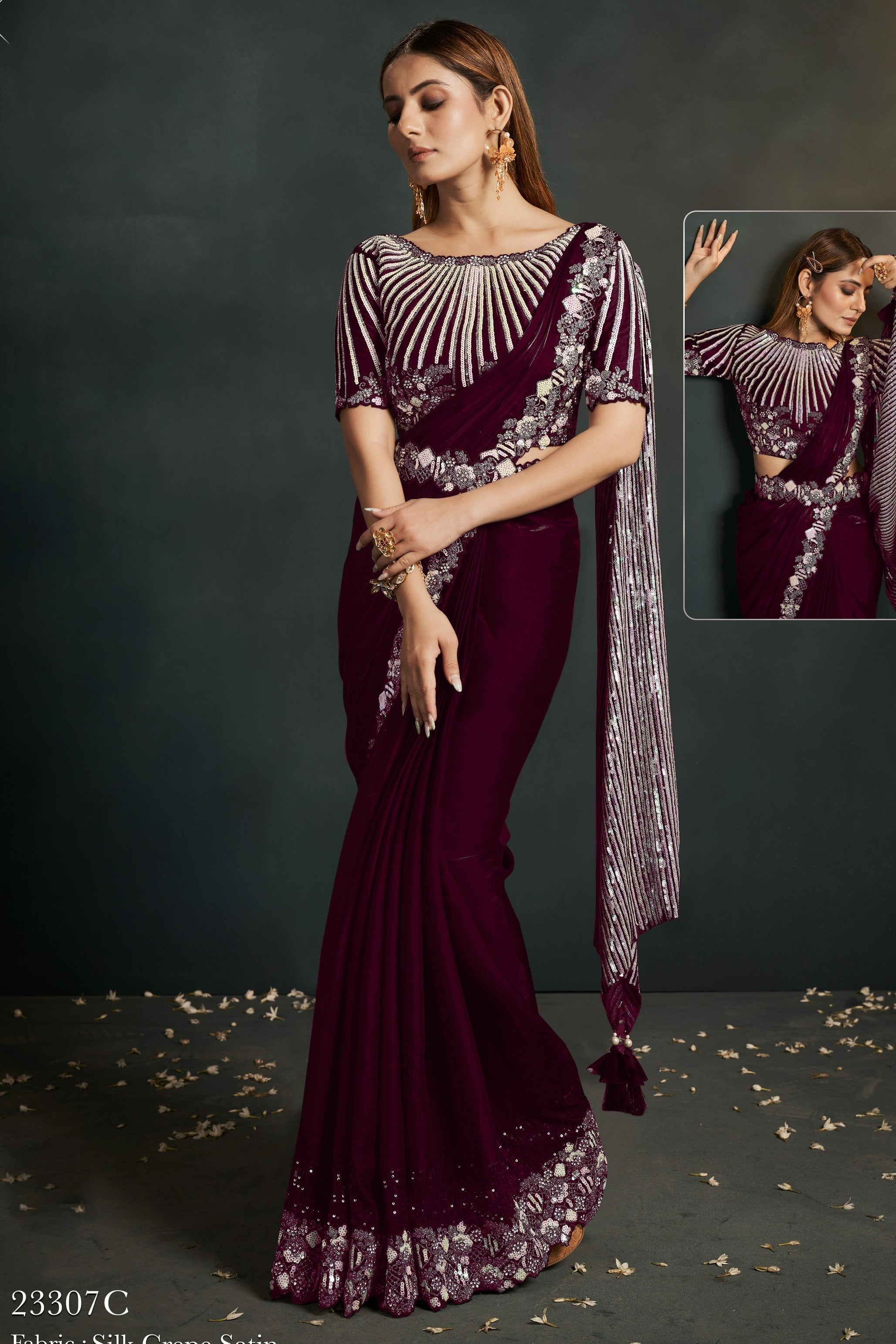 Maroon Crepe Satin Silk Partywear Saree With Stitched Blouse For Indian & Pakistani Wedding Festival - Sequence Embroidery Work, Thread Embroidery Work, Stone Work