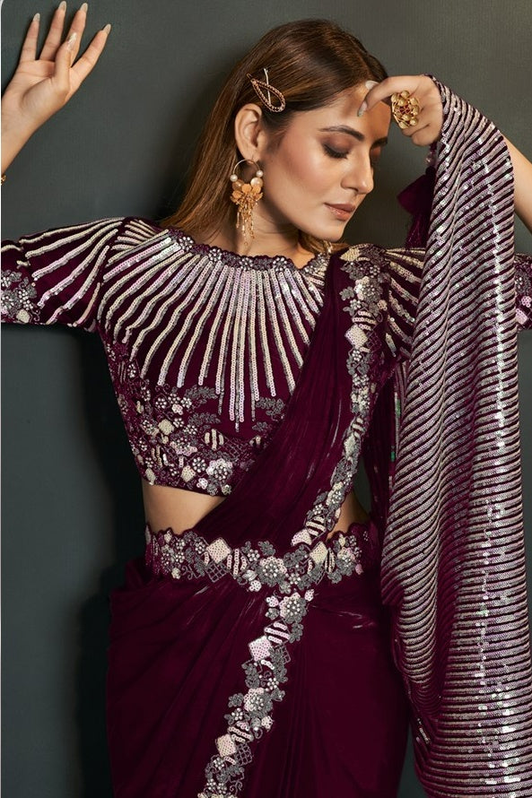 Maroon Crepe Satin Silk Partywear Saree With Stitched Blouse For Indian & Pakistani Wedding Festival - Sequence Embroidery Work, Thread Embroidery Work, Stone Work