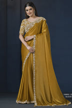 Mustard Crepe Satin Silk Saree With Stitched Blouse For Indian & Pakistani Wedding Festival - Dori Work, Sequence Embroidery Work, Stone Work