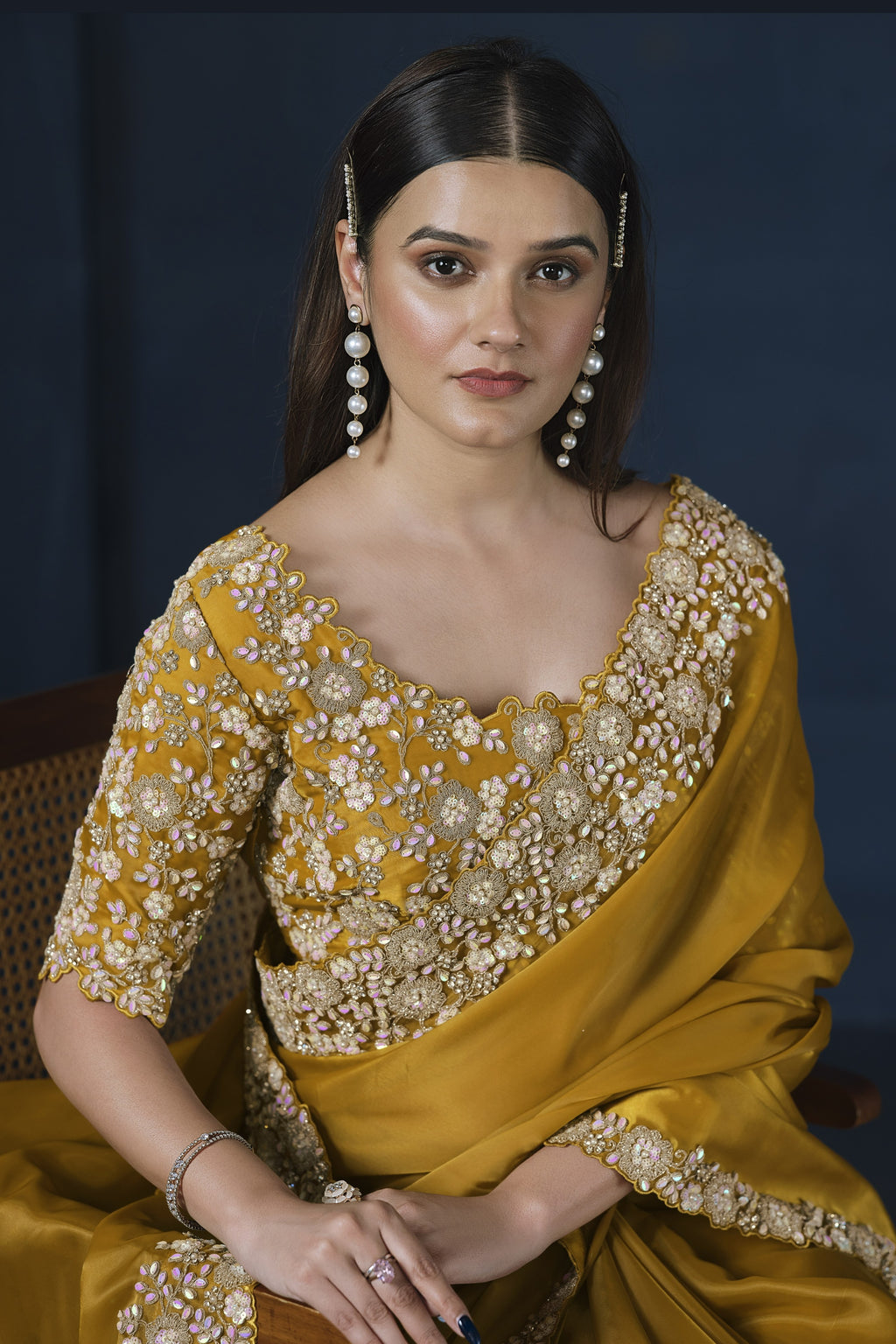 Mustard Crepe Satin Silk Saree With Stitched Blouse For Indian & Pakistani Wedding Festival - Dori Work, Sequence Embroidery Work, Stone Work