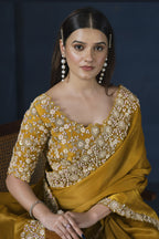 Mustard Crepe Satin Silk Saree With Stitched Blouse For Indian & Pakistani Wedding Festival - Dori Work, Sequence Embroidery Work, Stone Work