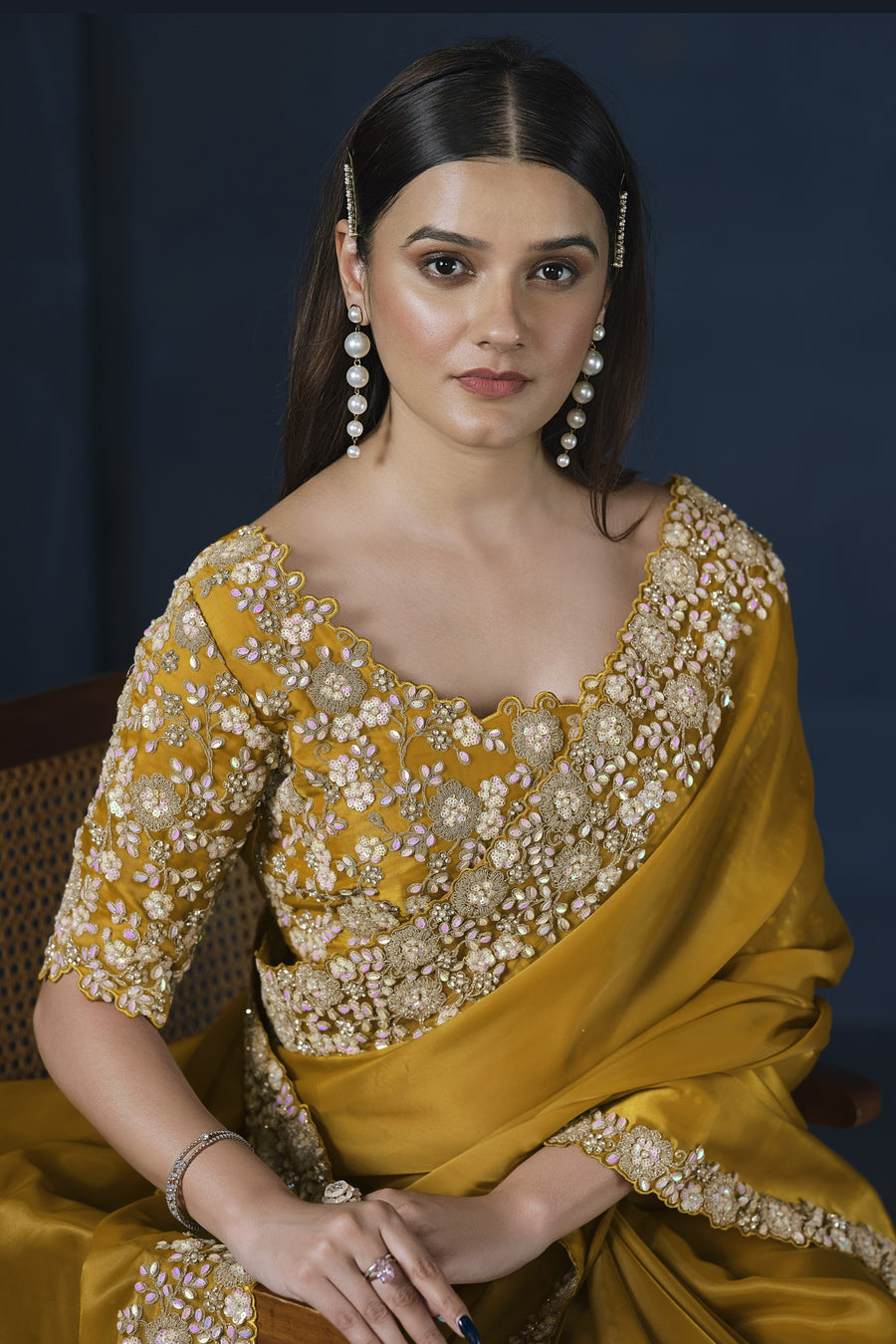 Mustard Crepe Satin Silk Saree With Stitched Blouse For Indian & Pakistani Wedding Festival - Dori Work, Sequence Embroidery Work, Stone Work